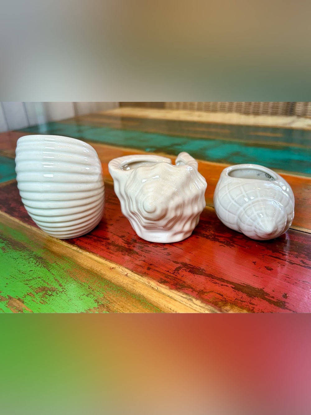 Vintage Pier 1 White Ceramic Seashell Planter Trio Set of 3 Conch Nautilus - Picture 2 of 13